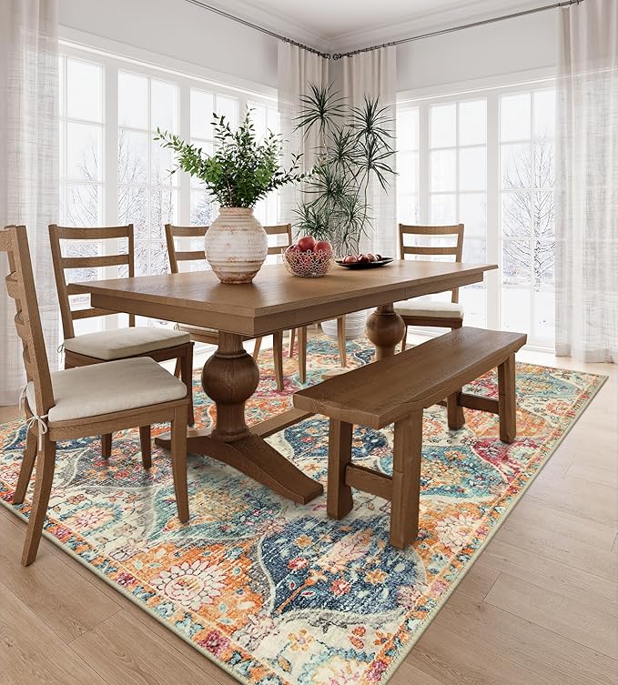 Lahome Moroccan 5x8 Area Rug, Ultra-Thin Washable Rugs for Living Room Bedroom, Soft Large Oriental Non-Slip Non Shedding Throw Large Carpet for Dining Room Office Elise, Cream/Multi