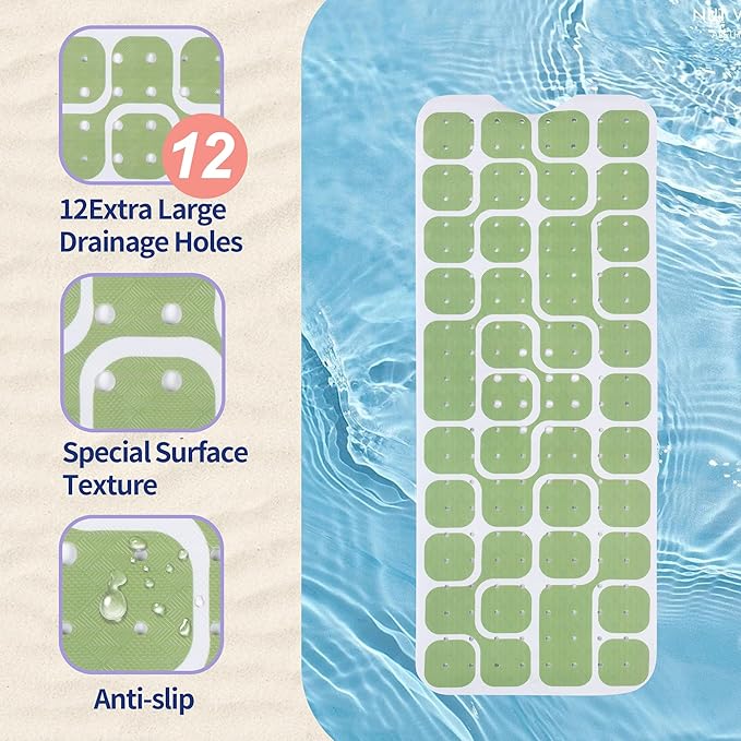 Bathtub Mat Non Slip 40x16 Inch Extra Long Bath Mat, Green Modern Art Shower Mat Non Slip Bath Mat for Tub Anti Slip with Large Drain Holes and Suction Cups,Geometric Design Bathroom Mat for Decor
