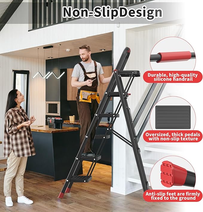 DIAMONDFORGE 5 Step Foldable Ladder with Multifunctional Tool Tray, Iron, Platform Ladders Stepstools, Folding with Non-Slip Pedals, 800 lbs Bearing Capacity for Adults/Home/Kitchen, Black Red