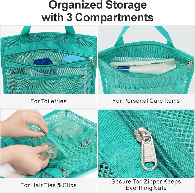 F-color Mesh Shower Caddy Portable Hanging - 3 Pockets Small Shower Bag Tote for Camping, Gym, Travel, Toiletry, Quick Dry Bathroom Essentials with S Hook, Mint Green