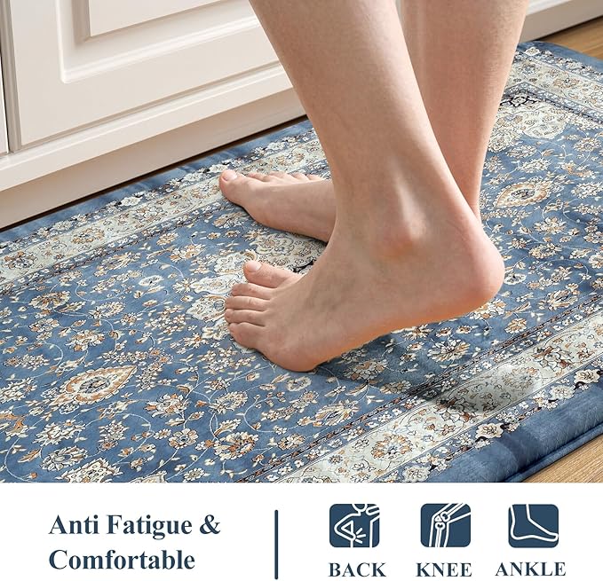 Collive Kitchen Rugs Anti Fatigue, Cushioned Kitchen Floor Mats Waterproof, Non Skid Comfort Standing Mats for Office, Sink, Laundry, 17”x59”, Blue