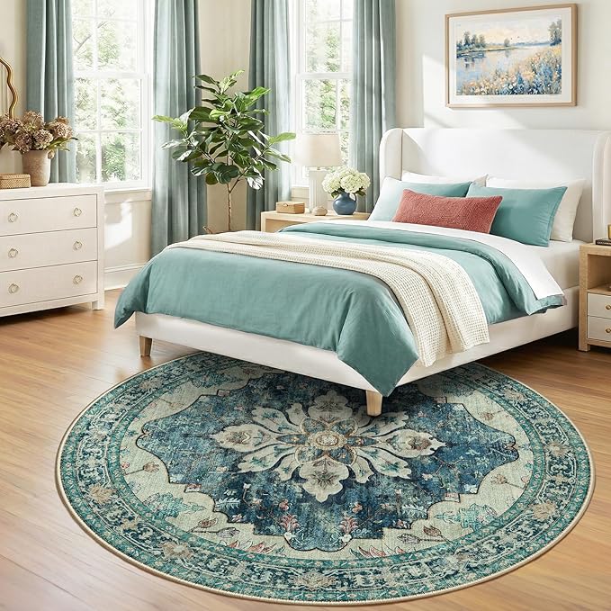 RELEANY Area Rugs Round 8ft Washable Non-Slip, Floral Vintage Distress Medallion Carpet for Living Room Bedroom Dining Room, Dark Blue Vintage