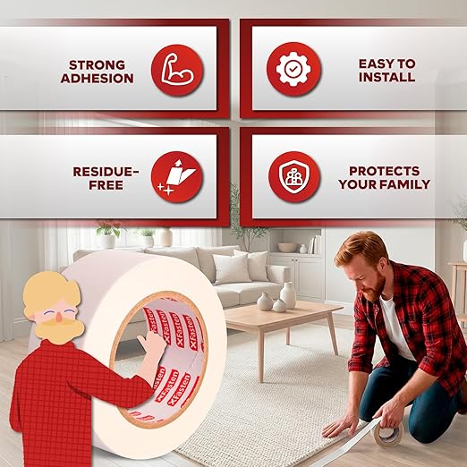 XFasten Carpet Tape Double Sided - Heavy Duty 2” x 20 yds Gentle on Surface Double Sided Carpet Tape for Area Rugs Over Carpet for Hardwood Floors, Corner Rug Tape for Carpet to Carpet