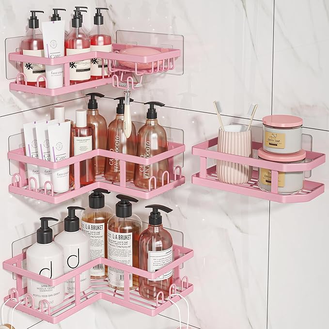 Youvip 4-Pack Adhesive Corner Shower Caddy with Soap Holder, No Drilling Wall Mounted Shower Shelves-Rustproof, Organizer for Bathroom, Kitchen & Home Decor. Pink