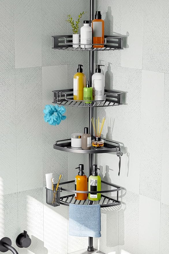 HAMITOR Corner Shower Caddy Tension Pole: Quick Installation 4-Tier Rustproof Bathroom Organizer Shelves for Bathtub Shampoo Storage - 47-121 inch Adjustable Floor Standing Bath Rack Holder Gray