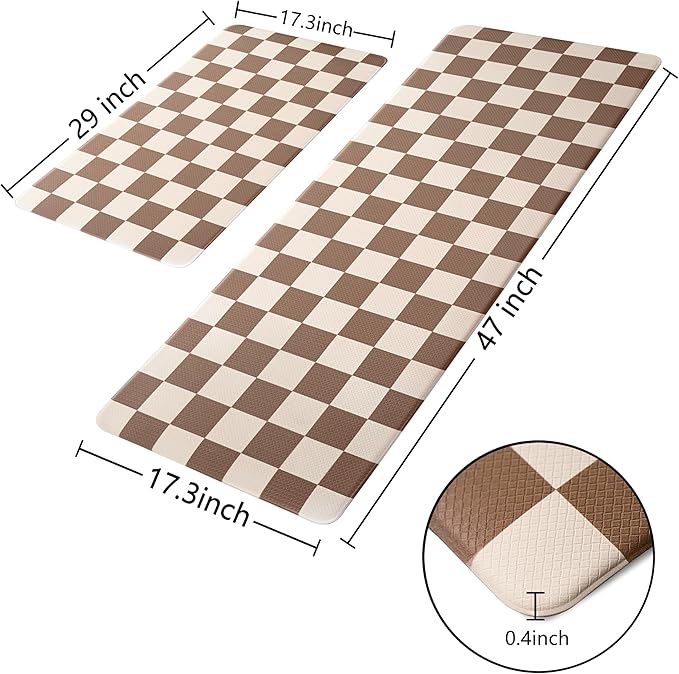 Beige Khaki Checkered Grid Checkerboard Kitchen Rug Sets [2 PCs], Anti-Fatigue, Waterproof Non-Slip Kitchen Mats Heavy Duty Ergonomic Comfort Foam Rug for Floor, Home,17"x29"+17"x47"