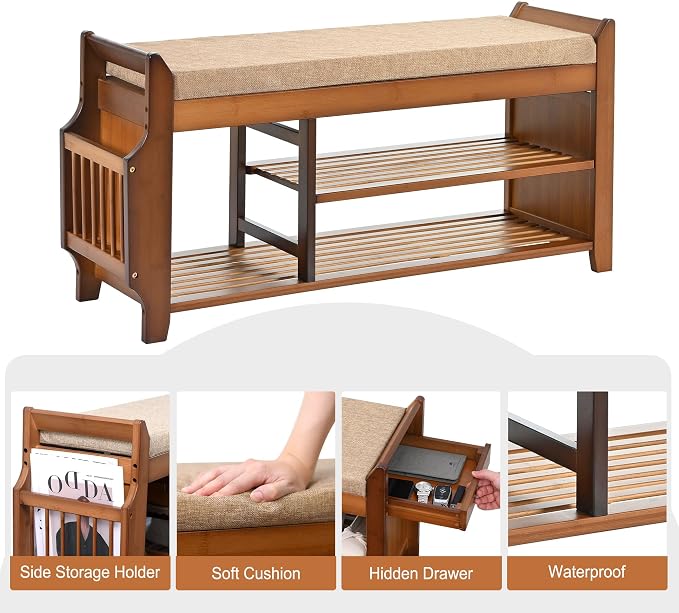 PETKABOO Shoe Bench with Hidden Drawer and Side Holder, 2 Tier Entryway Bench with Storage 39.4 in, Bamboo Shoe Rack with Cushion for Entryway Hallway Living Room Bedroom