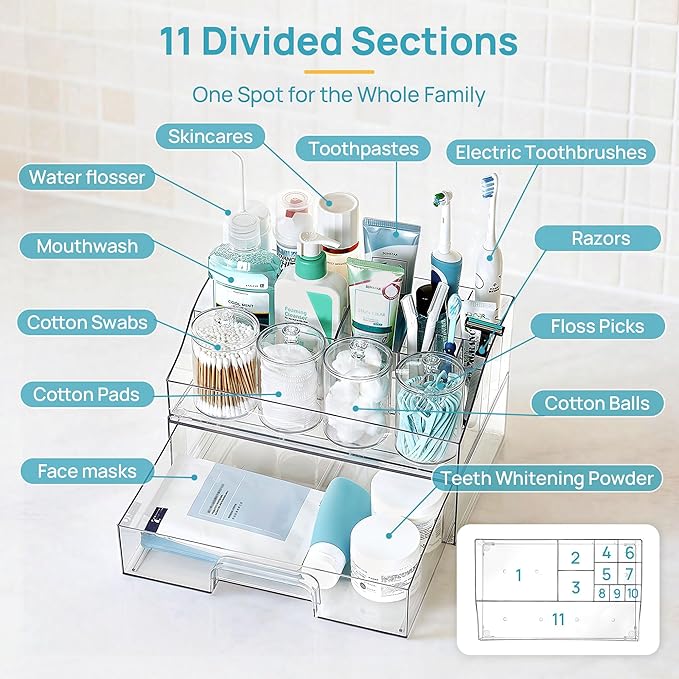 Vtopmart 6 PCS Bathroom Countertop Organizer, 1 Divided Tray with 4 Qtip Holder Jars and 1 Drawers, Restroom Clear Organizers for Toothbrush, Cotton Pads, Vanity Accessories Storage Set