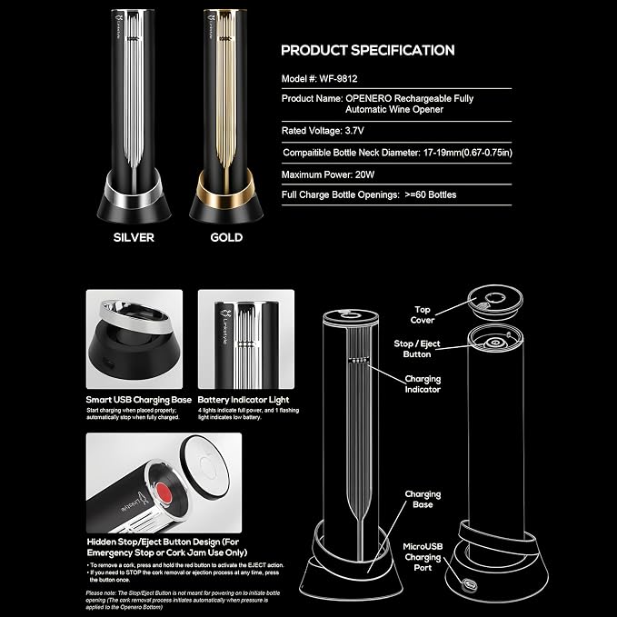 Linkstyle.life Electric Wine Opener, Automatic Rechargeable Wine Bottle Opener with Charging Base and Foil Cutter, Premium Metal Corkscrew, Gift for Dad, Wine Gifts for Men, Wine Lovers
