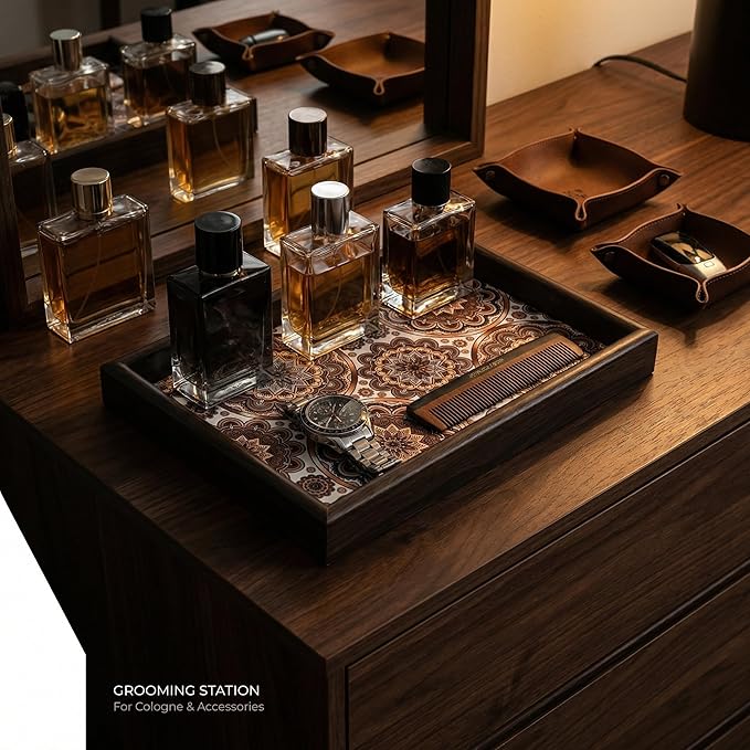 Wooden Valet Tray with Leather Base - Nightstand Catchall Organizer for Cologne, Perfume, Keys, Wallet, Phone, Watch, Jewelry & Sunglasses (Bohemian)