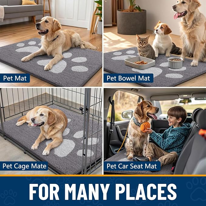 Smiry Dog Door Mat for Muddy Paws, Absorbs Moisture and Dirt, Low-Profile Entryway Mat with Non-Slip Backing, Entry Indoor Outdoor Doormat for Inside Floor (40x32 Inches, Light Grey, Paw)