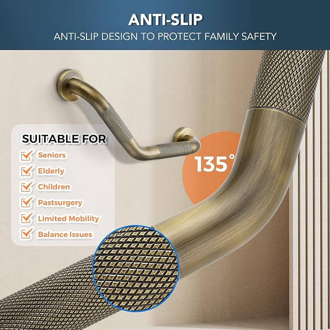Grab Bars for Bathtubs and Showers- 1-1/4 x 16 Angled Shower Grab Bar for Seniors Knurled Stainless Steel Handicap Grab Bars for Wall (Antique Bronze, 2 Pack)
