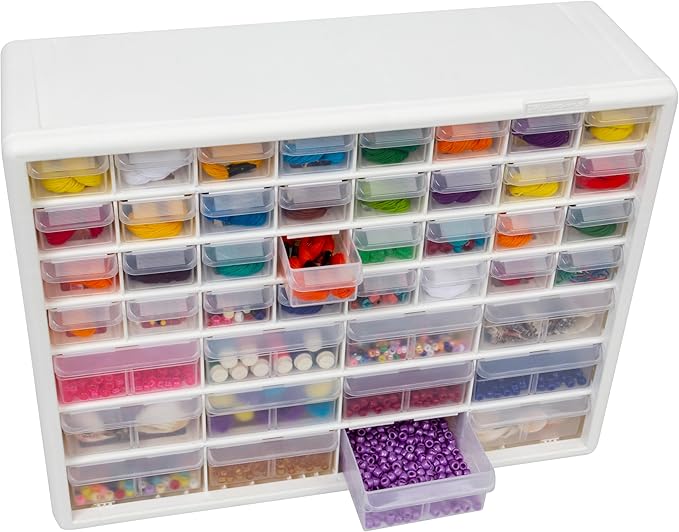 Akro-Mils 44-Drawer Plastic Drawer Storage Cabinet for Garage Organization, Bead Organizer, Building Bricks Storage, Teacher Toolbox, Makeup Organizer, 20" W x 6" D x 16" H, 10144 White