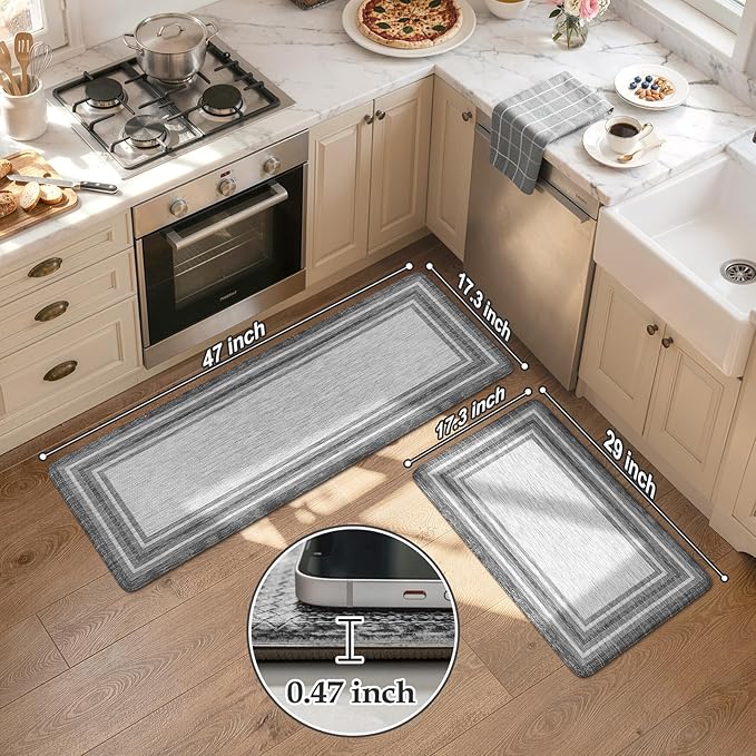KIMODE Anti Fatigue Kitchen Mats for Floor 2 Piece,17"x47"+17"x29" Farmhouse Kitchen Rugs Non Slip Rubber Backing,Waterproof Cushioned Standing Mat for Home Decor,Office,Laundry Room,Sink,Desk,Grey