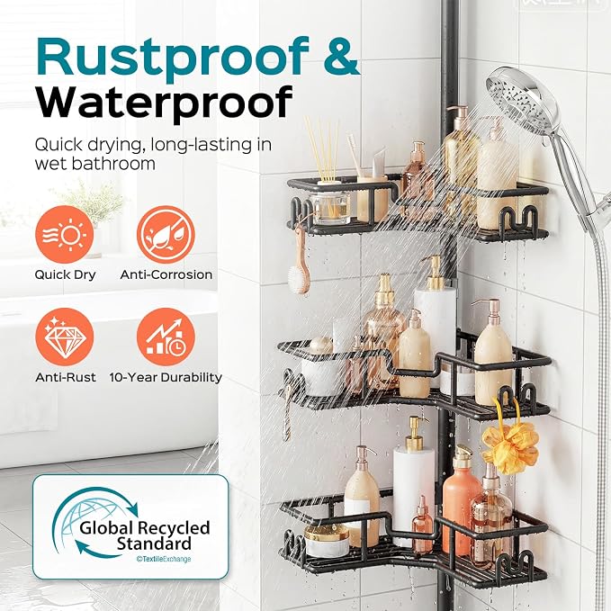 HAMITOR Shower Caddy Tension Pole: 4-Tier Adjustable Corner Bathroom Organizer - Heavy Duty Rustproof L-Shaped Shelves- No Drilling Space-Saving Storage Rack for Family & Renters- 47-123 inch Black