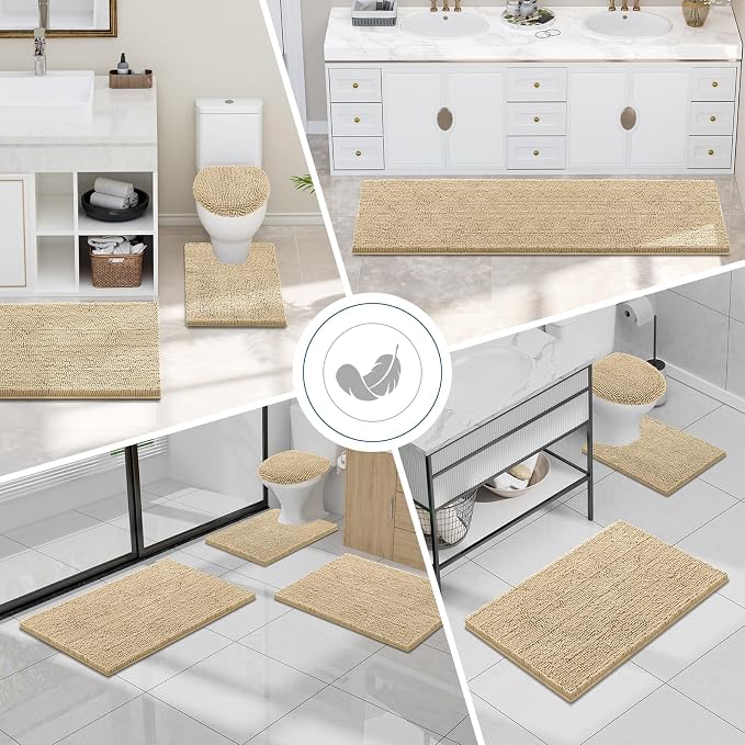 Smiry Bathroom Rugs Sets 2 Piece, Soft Absorbent Chenille Machine Washable Non Slip Shaggy Bath Rug Set for Tub, Shower, and Floor (30x20+24x16, Beige)