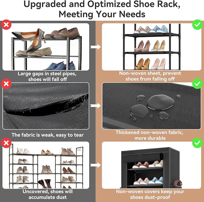 LANTEFUL Narrow Shoe Rack with Cover 10 Tier Tall Shoe Rack Organizer Large Capacity Shoe Shelf Storage 18-22 Pairs Space Saving Free Standing Shoe Storage Organizer for Closet, Entryway, Dorm, Black