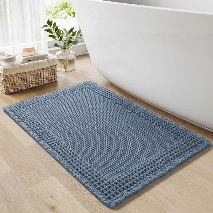 RESARE Waffle Bath Mat for Bathroom, Super Absorbent Bathroom Rugs Non Slip Machine Washable, Ultra Soft Quick Dry Boho Bath Rugs with Tassels, Farmhouse Home Decor Accessories, 24"x36" Blue