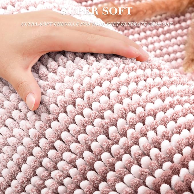 BSICPRO Bathroom Rugs and Mats Sets, 2 Piece Thick Absorbent Chenille Bath Mat Rug Set Non Slip, Soft Shaggy Bath Room Floor Mats for Bathroom, Machine Washable (20" x 47" Plus 16" x 24",Mist Pink)