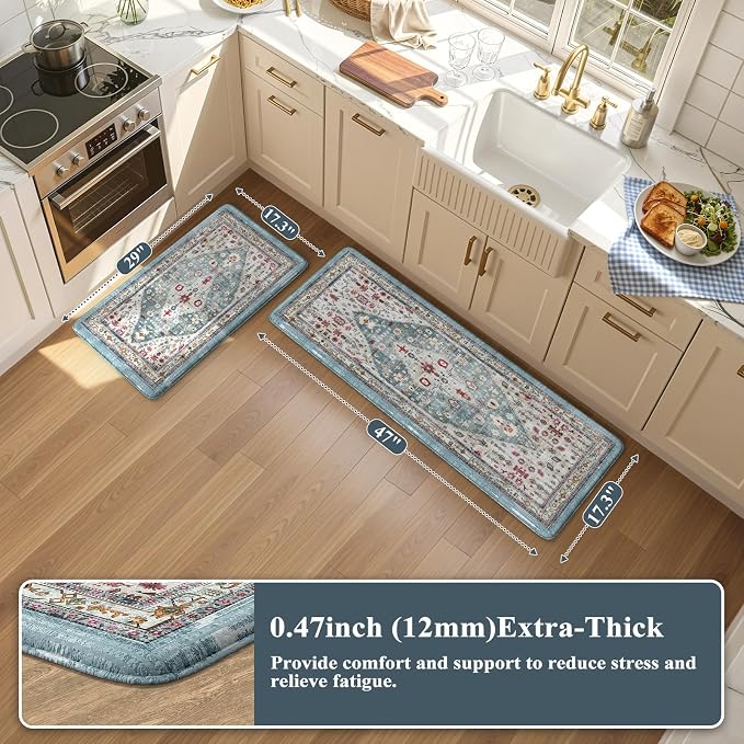 Collive Boho Kitchen Rugs and Mats 2PCS Cushioned Anti-Fatigue Floor Mat, Waterproof Kitchen Rug Set of 2 Non-Skid Comfort Standing Mat for Kitchen,Home,Office,Sink,Laundry,17.3"x29"+17.3"x47"
