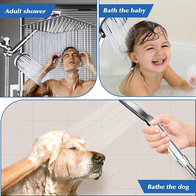 Shower Head,8”Rain Shower Head with Handheld Spray Combo with 11'' Angle Adjustable Extension Arm/Flow Regulator/Shower System,High Pressure Rainfall Shower Head Bathroom,Chrome
