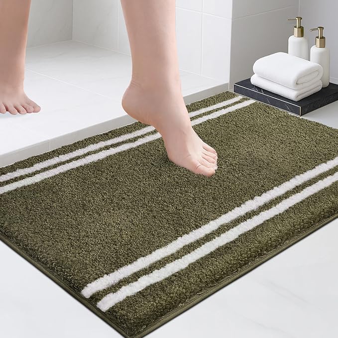 PURRUGS Bathroom Rug Non-Slip Machine Washable 20" x 30", Super Absorbent and Quick Dry Shaggy Microfiber Bath Mat, Extra Soft and Plush Bath Rug for Bathtub, Shower, and Sink, Olive Green