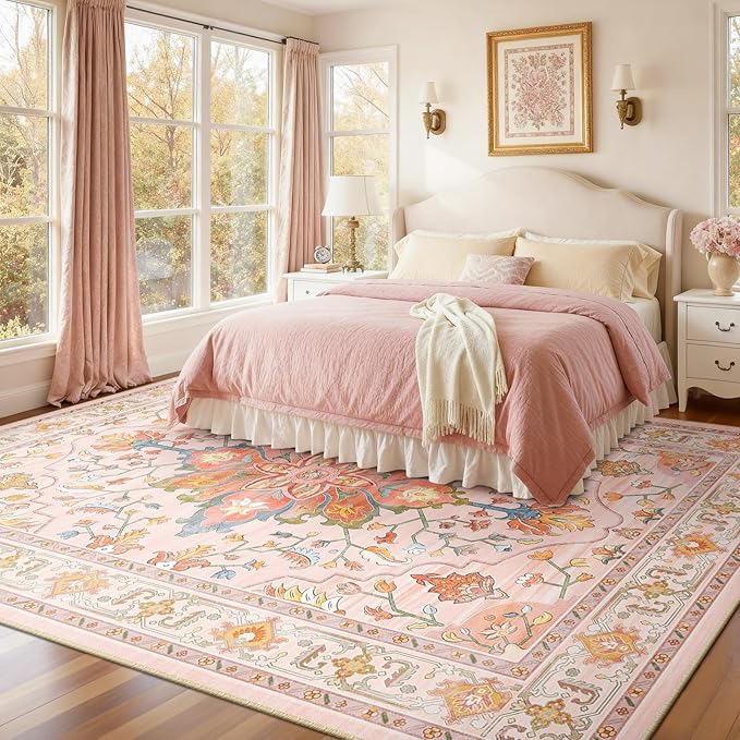 RELEANY Area Rugs Large 9'x12' Washable Non-Slip, Floral Vintage Distress Medallion Carpet for Living Room Bedroom Dining Room, Light Pink Colorful