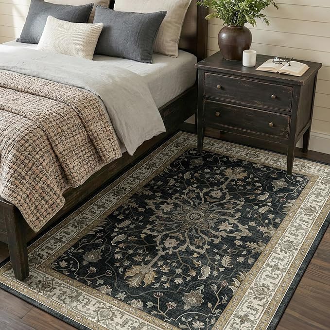RELEANY Area Rugs 4'x6' Washable Non-Slip, Floral Vintage Distress Medallion Carpet for Living Room Bedroom Dining Room, Vintage Black Brown Neutral