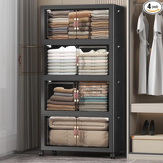 UAMFURI Stackable Storage Bins with Lids & Wheels & Door, Foldable Collapsible Closet Organizers, Extra Large Plastic Storage Drawers for Bedroom Dorm Office Garage (Dark-120qt, 4Pack with 1 top lid)