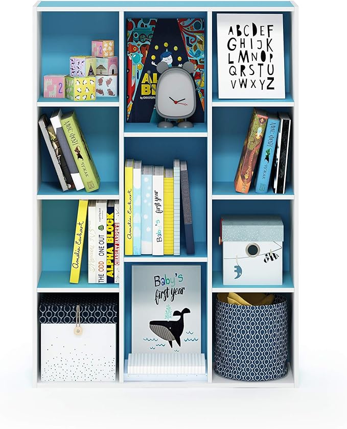 Furinno LUDER Book Shelf, 11-Cube Bookshelf, Reversible Bookcase, 9.4 x 29.1 x 41.7, Easy Assembly, for Living Room, Bedroom, Home Office, White/Light Blue