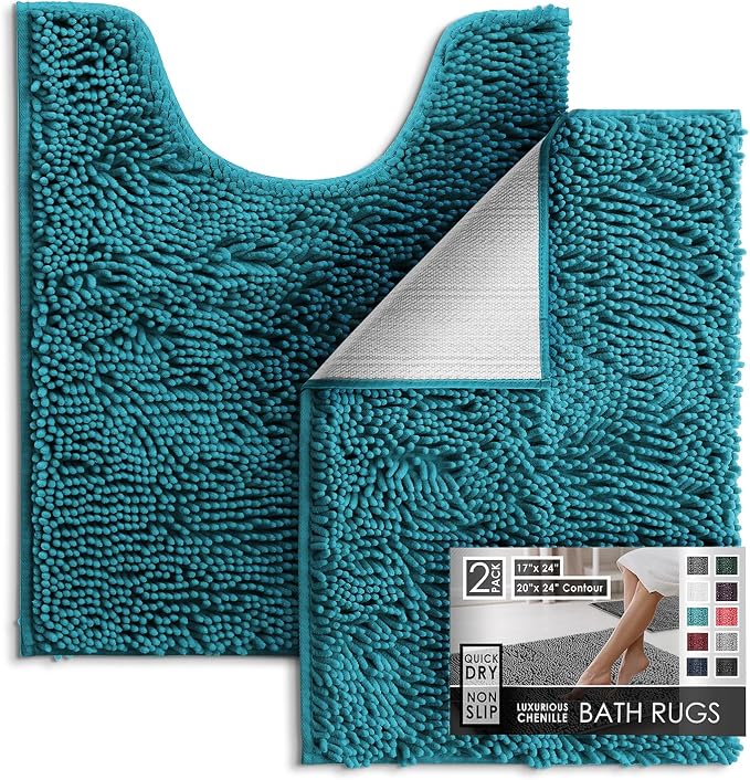 Hearth & Harbor Bathroom Rugs, Chenille Bath Mat - Machine Washable Bath Mats for Bathroom Non-Slip Backing Rubber, Quick Dry Bathroom Mat - Teal Blue 17x24-20x24