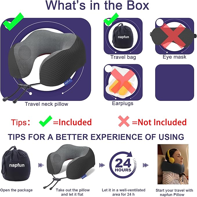napfun Neck Pillow for Traveling, Upgraded Travel Neck Pillow for Airplane 100% Pure Memory Foam Travel Pillow for Flight Headrest Sleep, Portable Plane Accessories, Charcoal Black