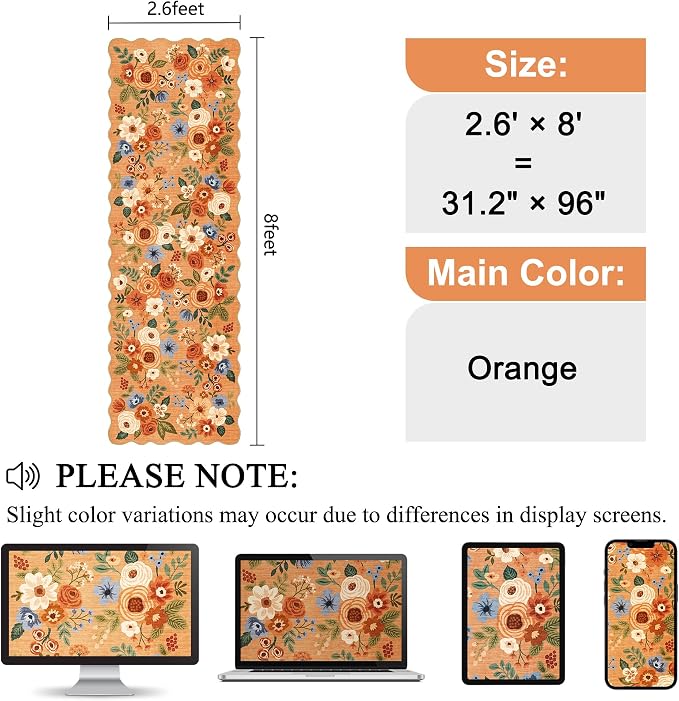 DUKINO 2.6x8 Runner Rug for Hallway, Washable Kitchen Rug with Non Slip Backing & Non-Shediing, Soft Low Pile Floral Design Runner for Bedroom, Kithchen, Living Room, Laundry, Bathroom, Orange
