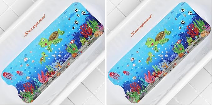 Secopad Bath Mat for Tub Non Slip, Machine Washable Anti-Slip Cartoon Baby Bathtub Shower Mat with Drain Holes and Suction Cups for Toddler & Kids (40 Inch x 16 Inch-Rectangular, Turtles) (Pack of 2)