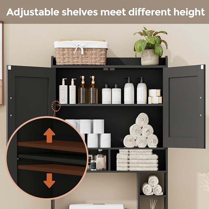 Homhedy Over The Toilet Storage Cabinet with 2 Barn Door and Toilet Paper Holder Stand, FreeStanding Toilet Shelf Space Saver, for Bathroom, Restroom, Laundry, Black