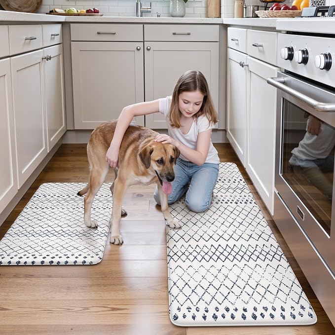 KIMODE Kitchen Mats 2PCS Cushioned Anti Fatigue Boho Kitchen Rugs and Mats Non Slip Waterproof Kitchen Mats for Floor Comfort Foam Standing Desk Mat for Home Office Sink Blue White Laundry Room Decor
