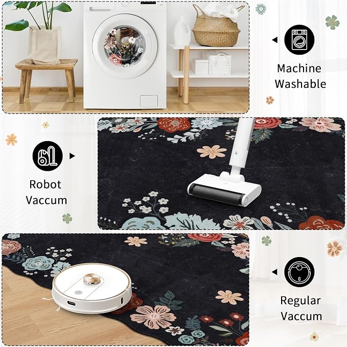 Kitchen Runner Rug, 3x6 Boho Floral Runners for Hallways with Non Slip Backing, Soft and Cozy Runner Carpet for Living Room, Entryway, Bedroom, Bathroom, Black
