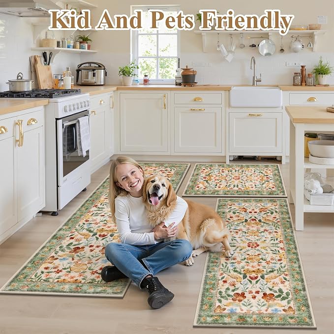 HEBE Boho Kitchen Rugs Sets of 3, Non Slip Washable Kitchen Mats for Floor, Farmhouse Kitchen Carpet Runner Rug Set for Sink, Stove, Laundry Room & Hallway