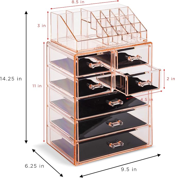 Sorbus Acrylic Makeup Organizer Set, 7-Drawer Vanity & Countertop Cosmetic Storage with Small & Wide Compartments, Pink Makeup Storage for Brushes, Jewelry – Holiday Gift for Women & Teens
