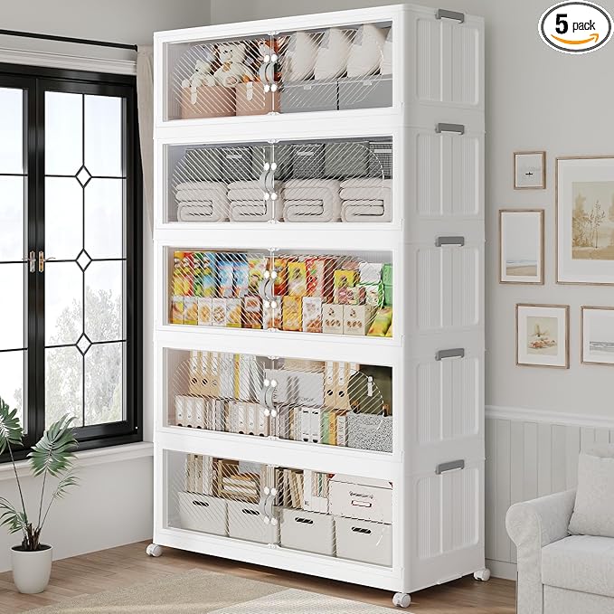 300QT Extra Large Stackable Storage Bins with Lid, 75Gal Plastic Closet Organizers and Storage Drawer, Collapsible Cabinet Box with Wheels Clear Doors for Home Kitchen Office, 5Pack White