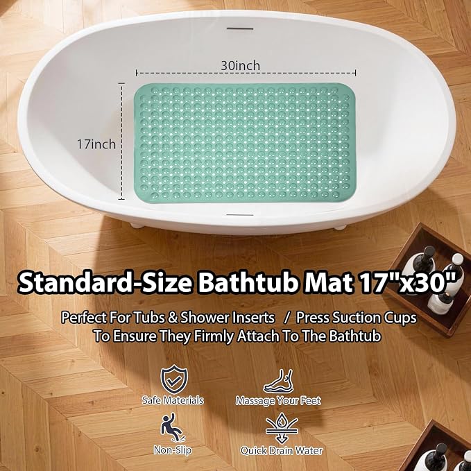 Bathtub Mat Shower Mat Non Slip 17x30 Inch Standard Size, Soft Bubble Bath Tub Mat Shower Mats for Inside Shower Bathroom Floor Mat with Big Suction Cups & Drain Holes, BPA-Free，Mars Green