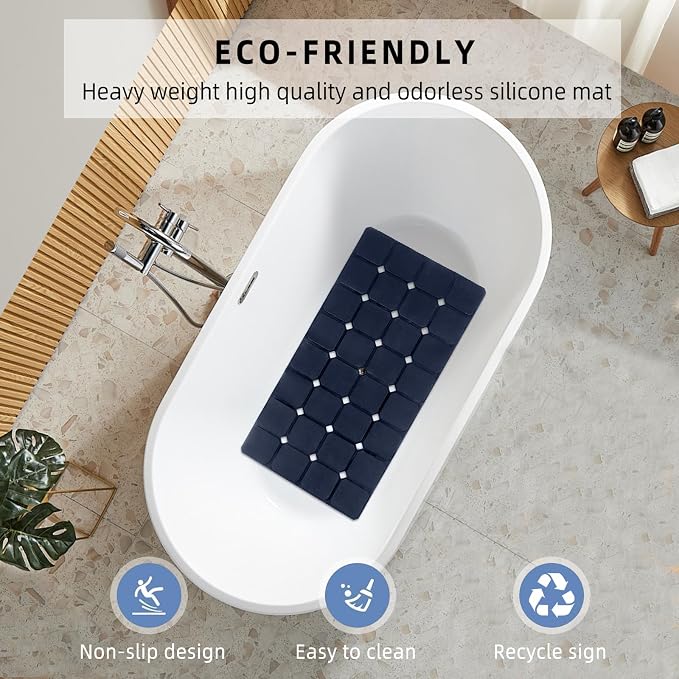 Silicone Bathtub Mat 15" x 28" – Non-Slip Foldable Tub Mat with Strong Suction Cups & Large Drain Holes, Durable & Eco-Friendly, for Smooth Surfaces, Ideal for Seniors, Adults, Navy