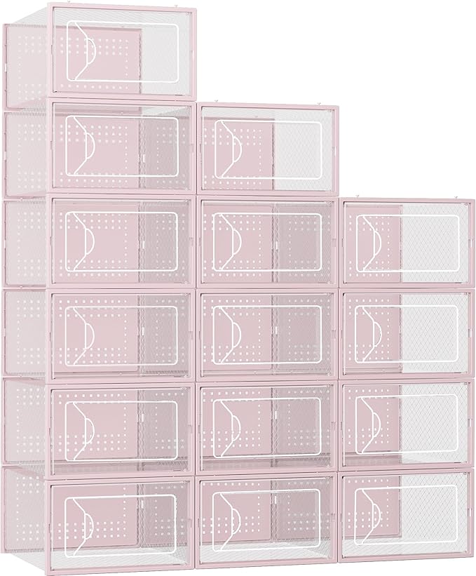 Foluck Shoe Storage Box, 15 Pack Clear Plastic Stackable Organizer for Closet, Interlocking Design Shoes Container Bins for Sneakers, Foldable Shoe Rack with Lids, Pink