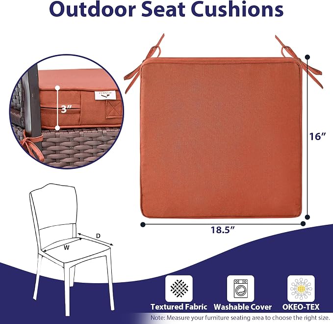 IPYNBAP Outdoor Chair Cushions Set of 4 -Waterproof Outdoor Seat Cushions for Patio Furniture, Patio Chair Cushion with Handle and Ties, Out Door Chair Pads,18.5x16x3-Square, Spice