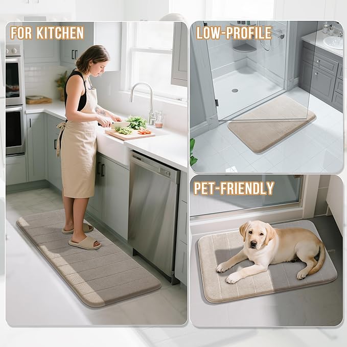 Yimobra U-Shaped Toilet Bath Mat Set 2 Piece - Super Soft Absorbent Quick Dry Memory Foam Bathroom Rugs, Machine Washable Non Slip Floor Carpet for Tub Shower & Single Sink (17x24 & 24x20, Beige)