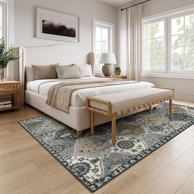 Lahome Moroccan Washable Living Room Rug, 5x8 Rugs for Bedroom Dining Room, Soft Non-Slip Non Shedding Boho Distressed Throw Carpet for Nursery Office Elise, Grey