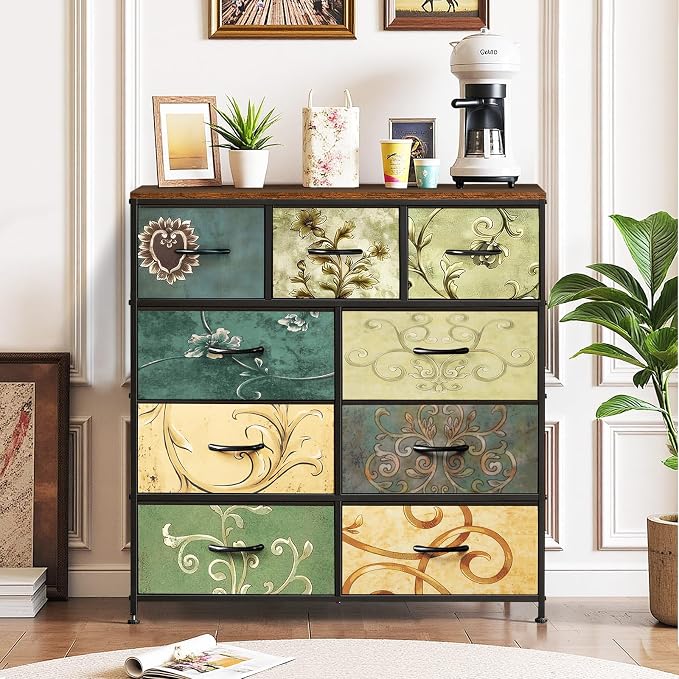 9-Drawer Dresser for Bedroom, Anti-Tip Tall Storage Organizer Chest of Drawers with Wooden Top and Metal Frame Fabric Bins for Closet, Living Room, Hallway, Entryway, Floral Painted