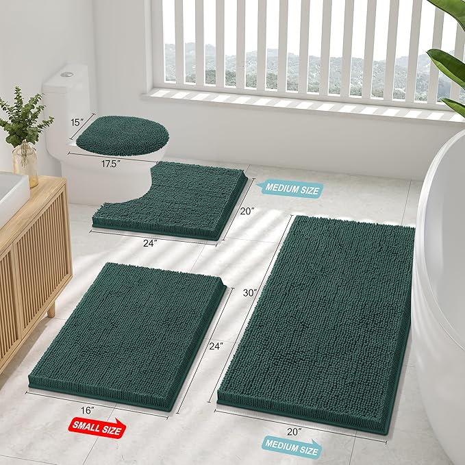 Smiry Luxury Chenille Bathroom Rugs 36x24, Extra Soft and Absorbent Shaggy Bath Mat, Machine Washable, Non-Slip Plush Carpet Runner for Tub, Shower, and Floor, Home Decor Accessories, Green
