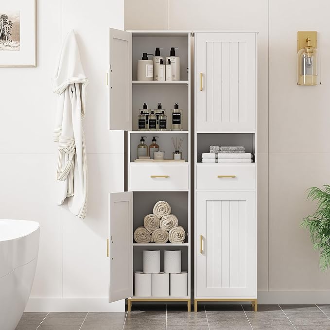 Homhedy 67" H Bathroom Storage Cabinet, Tall Storage Cabinet with Adjustable Shelves, Freestanding Cabinet with Doors and Drawer, Narrow Cabinet for Bathroom, Living Room, Kitchen, Dining Room, White