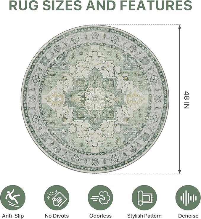 48"x48" Office Chair Mat for Hardwood Tile Floor, Under Desk Carpet Protector for Rolling Computer Chair Mat, Machine Washable Round Area Rug, Anti-Slip 1/5" Thick Low Pile Thin Floor Mat, Green
